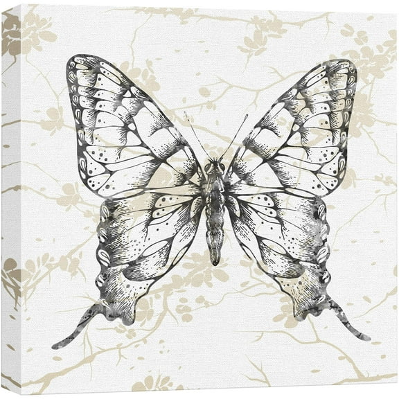 wall26 Canvas Print Wall Art Black, White & Tan Monarch Butterfly & Leaves Insects Nature Illustrations Modern Art Rustic Scenic Colorful Farmhouse/Country for Living Room, Bedroom, Office -