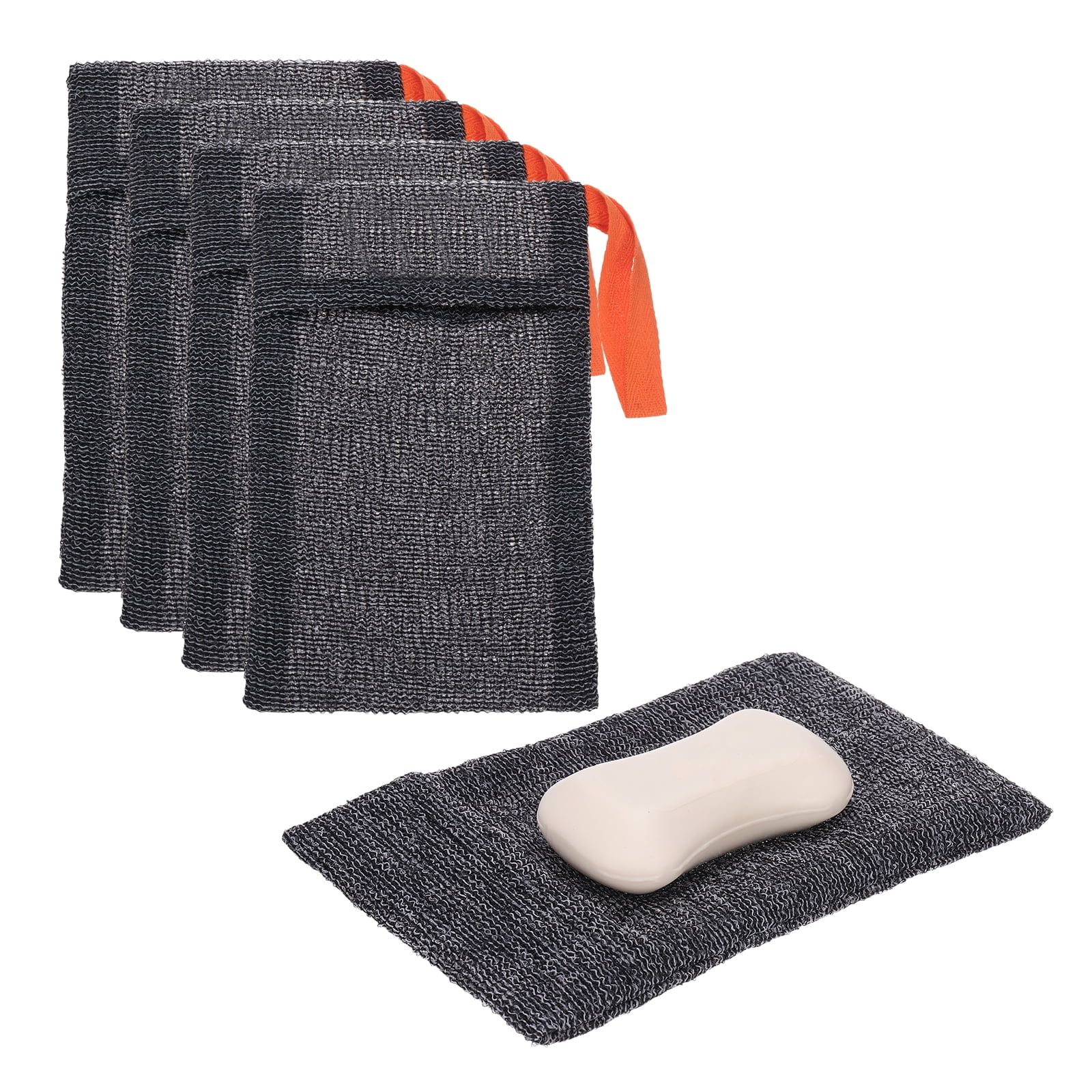 Uxcell Loofah Soap Pouch, 4 Pcs Bar Soap Saver Bag with Orange Handle Nylon Body Scrubber Pouch Exfoliating Net for Body Shower Foaming Travel Camping, Grey