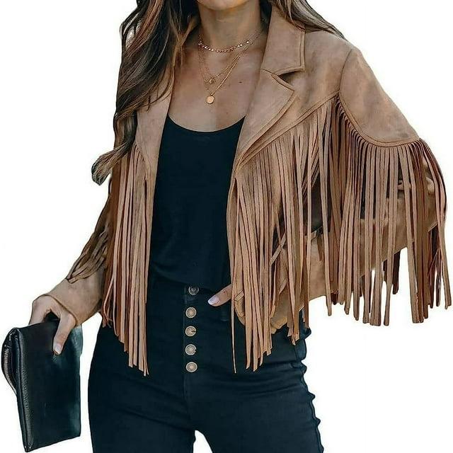 Veste Courte Ouverte à Franges en Faux Suède pour Femmes, Manteau Court de Moto avec Pompons