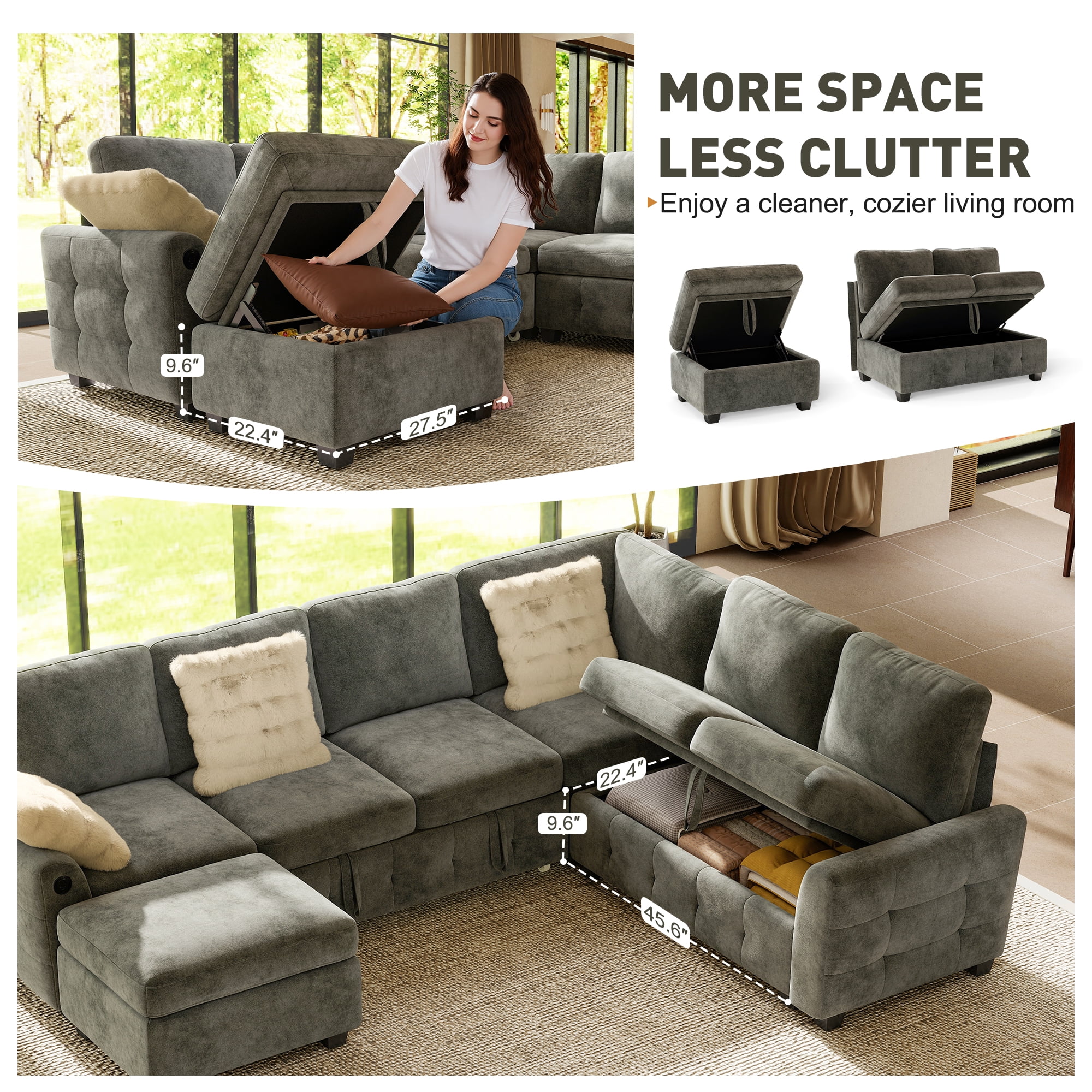 BedLuxury 106" Modular Sectional Sofa Bed with Pull Out Bed, Large Storage & USB Charging, Modern Sleeper Couch for Living Room, Chenille Gray