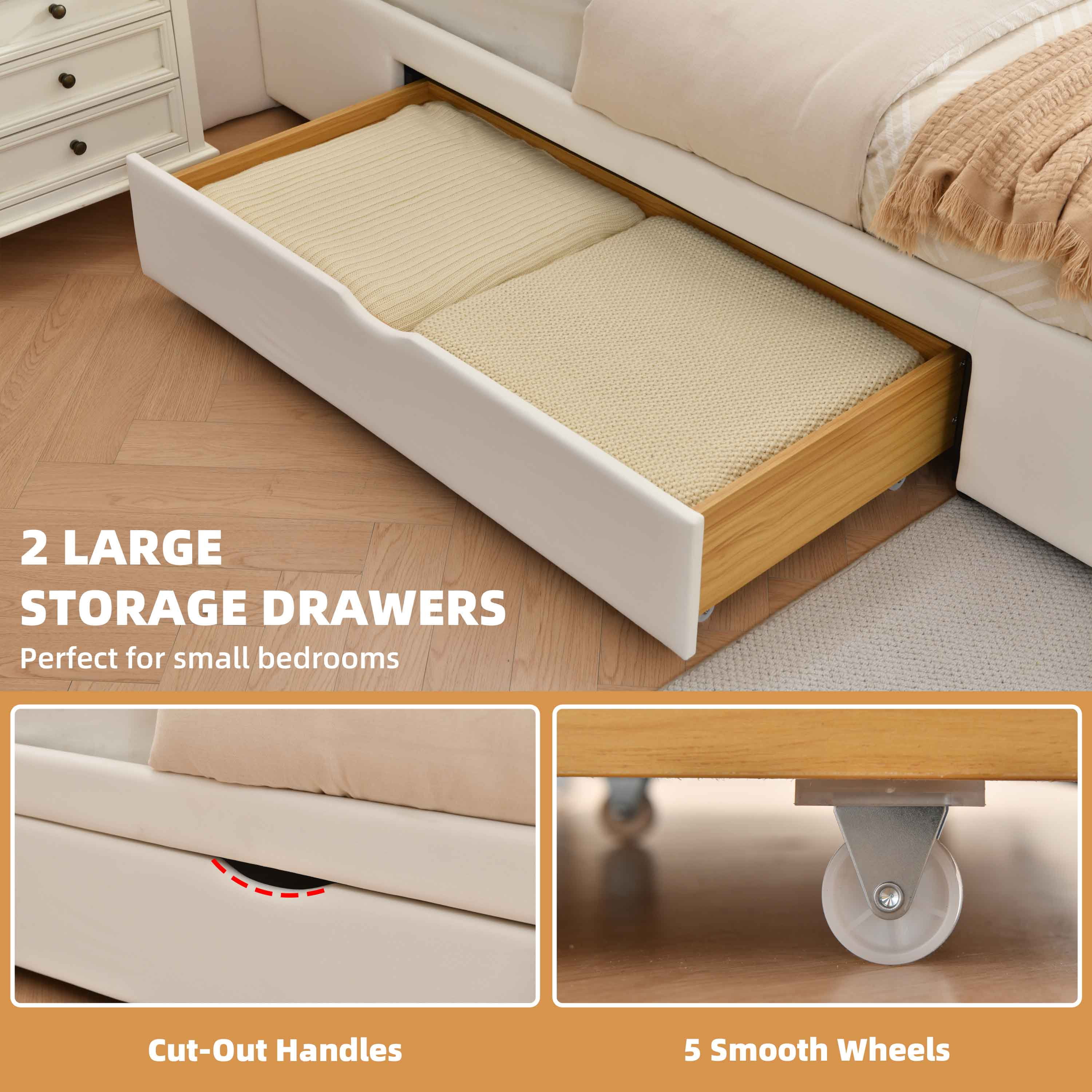 King Size Bed Frame 63.58" Tall Headboard, Velvet Upholstered Platform Bed, Drawers & Button Tufted, Easy Assembly, No Box Spring Needed, Cream