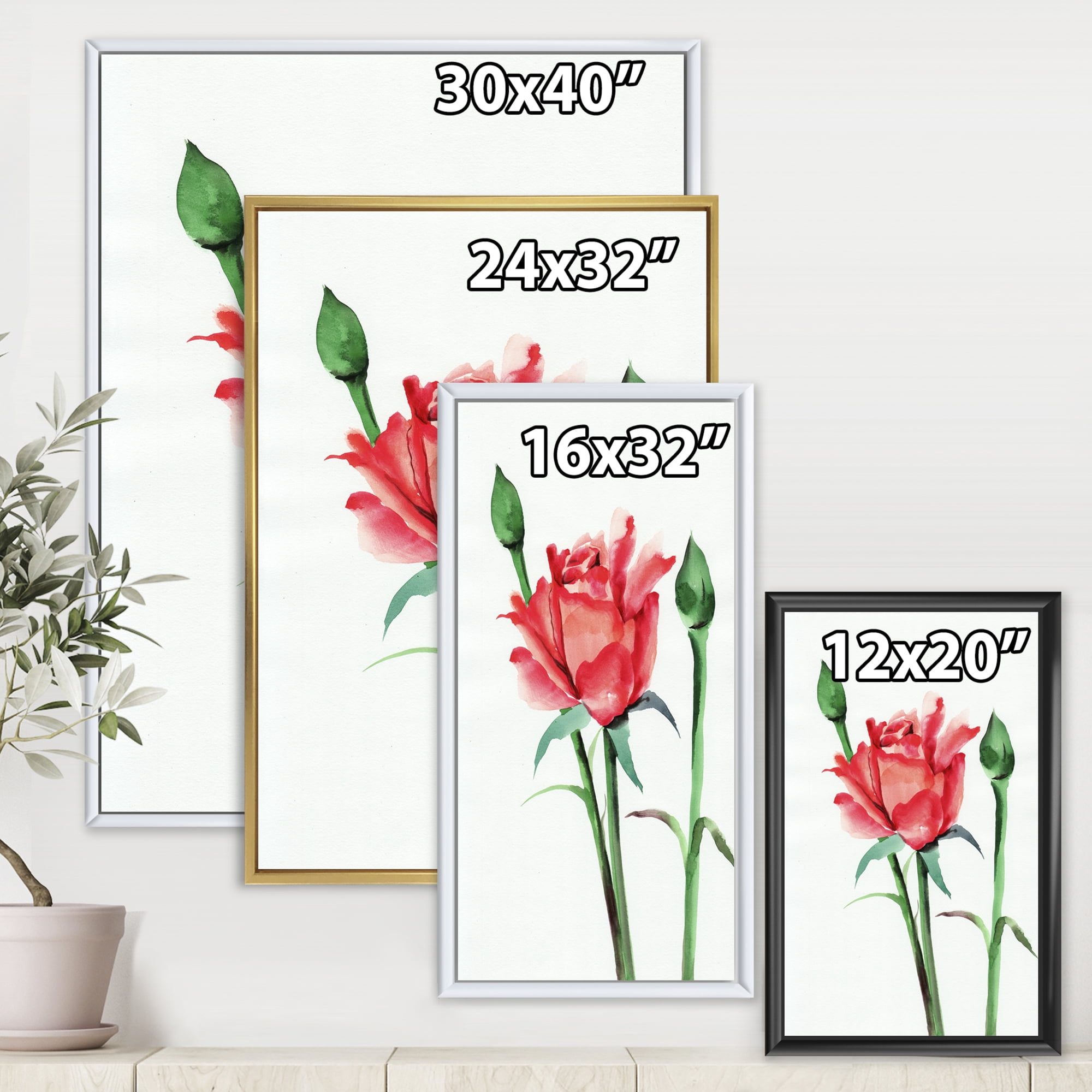 Designart 'Buds With Red Rose' Traditional Framed Canvas Wall Art Print