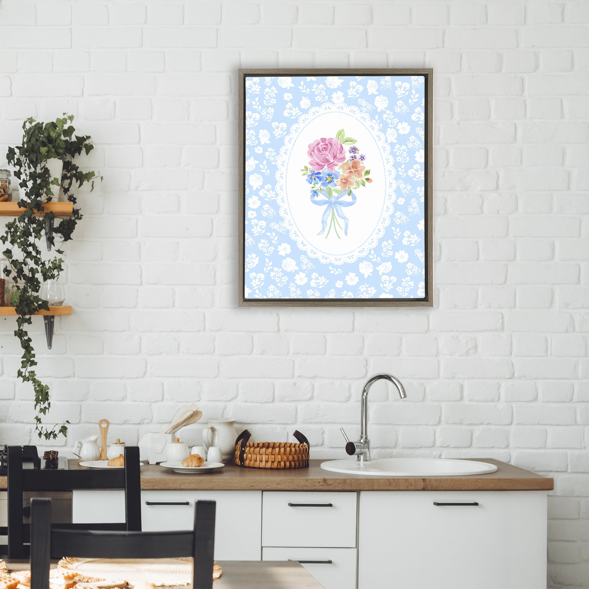 Stupell Industries Blue Feminine Bouquet Brown Framed Floater Canvas Wall Art, design by Corinne Haig