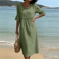 thumbnail image 3 of Dvprdro Womens Summer Cotton Linen Crewneck Half Sleeve Ruffle Hem Lace Detail Loose A Line Maxi Dress Casual, 3 of 6