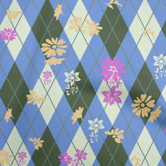 oneOone Cotton Flex Medium Blue Fabric Check Argyle Floral Diy Clothing Quilting Fabric Print Fabric By Yard 40 Inch Wide