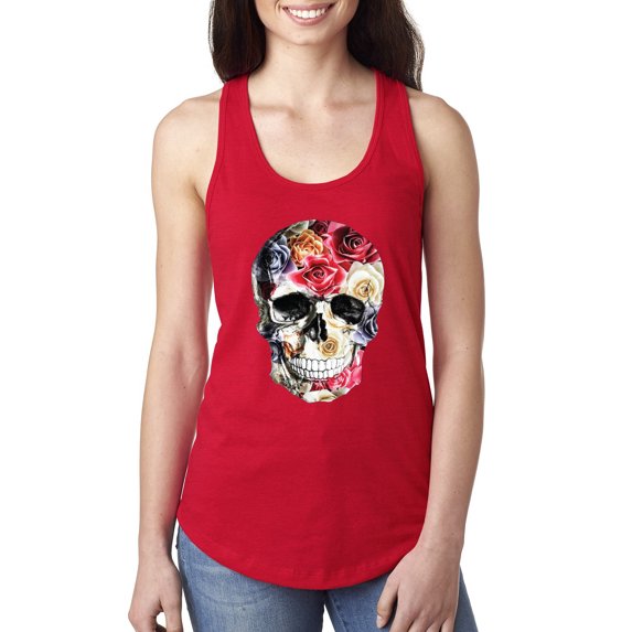 Roses Skeleton Face Floral Skull Fashion Ladies Racerback Tank Top, Red, Small