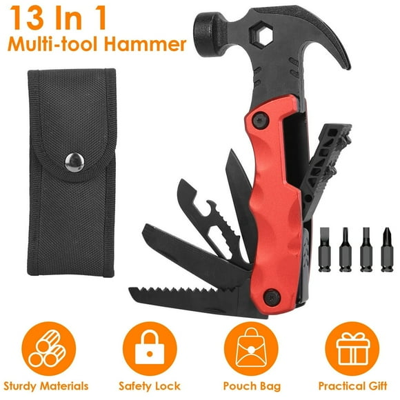 13 In 1 Multi-tool Hammer with Pouch Bag Safety Lock Nail Puller Knife Can Opener Saw Screw Depositor Screwdriver Camping Survival Tools