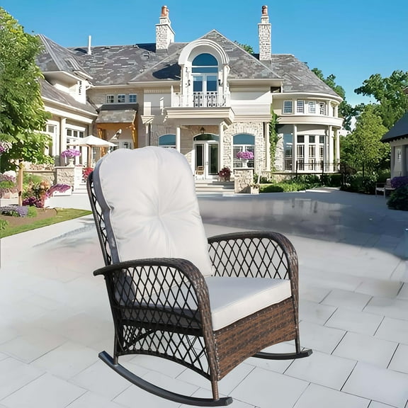 Outdoor Wicker Rocking Chair With Thick Cushion And Wide Seat Comfortable Patio Rattan Rocker For Garden Relaxation