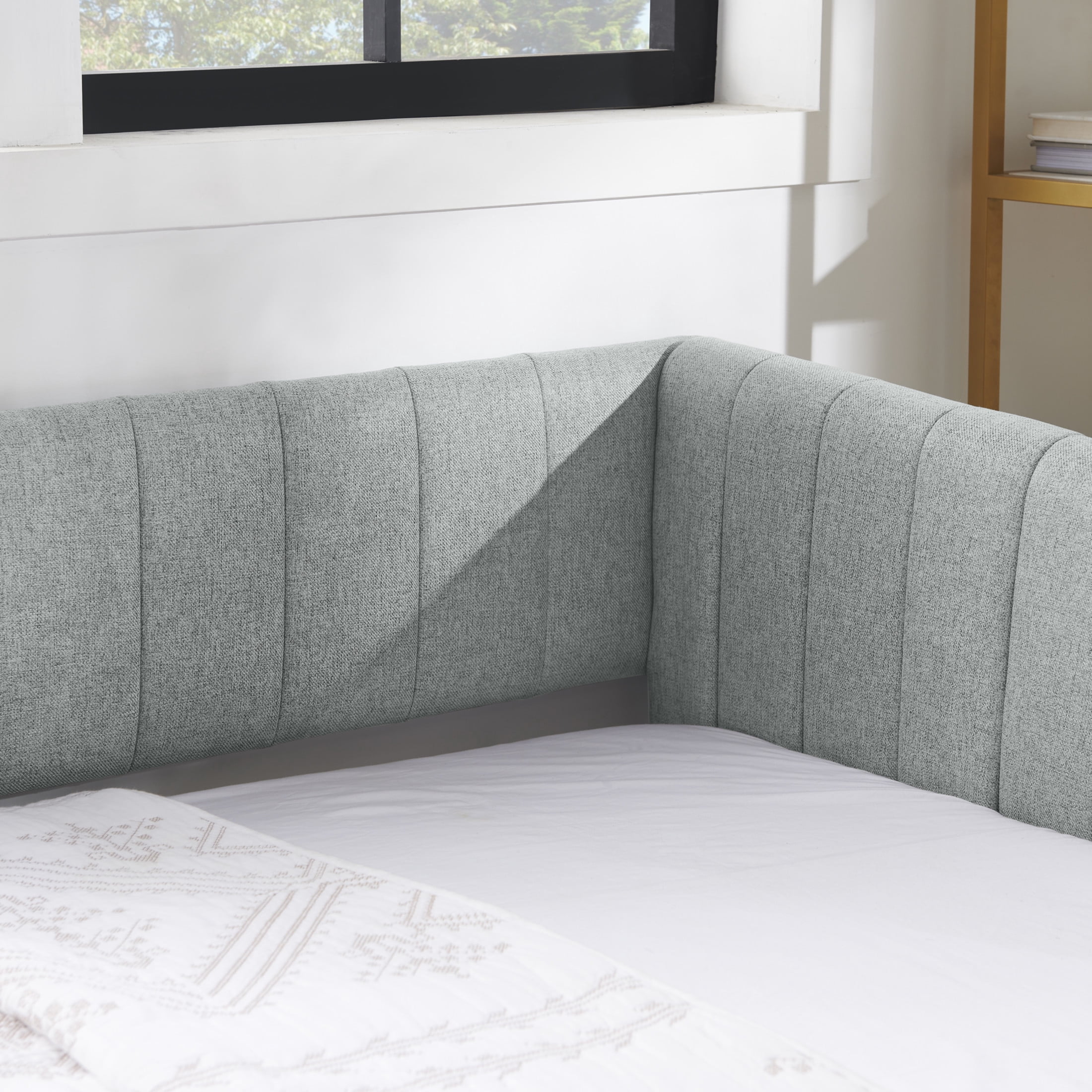 Noble House Marcel Twin-Size Daybed, Vertical Striped Breathable Linen Upholstered Sofa Bed with Hidden Trundle, Grey