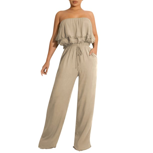 Gibobby pantalones siameses Nuevo mono con volantes en el pecho informal sin mangas de color sólido para mujeres europeas y(Caqui, L)