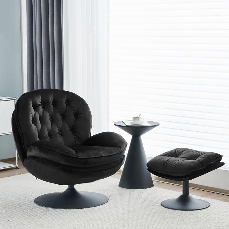 Comfort Stretch Velvet Swivel Accent Chair with Ottoman Round Reading Chair with Foot Stool Set Black