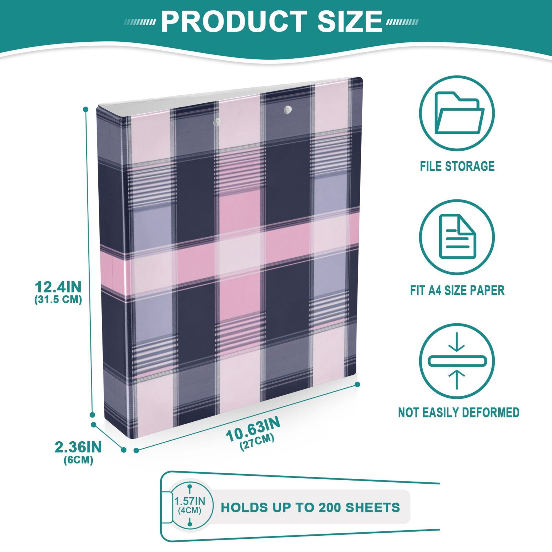 Pink and Navy Blue Lattice 3 Ring Hardcover Binders 1.5in Round Rings for Letter-Size Folder Paper Organizer Pockets for Office Student Recipe