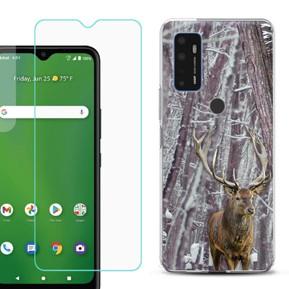 Slim-Fit Gel TPU Phone Case for Cricket Dream 5G, with Tempered Glass Screen Protector, by OneToughShield ® - Deer/Snow/Camo