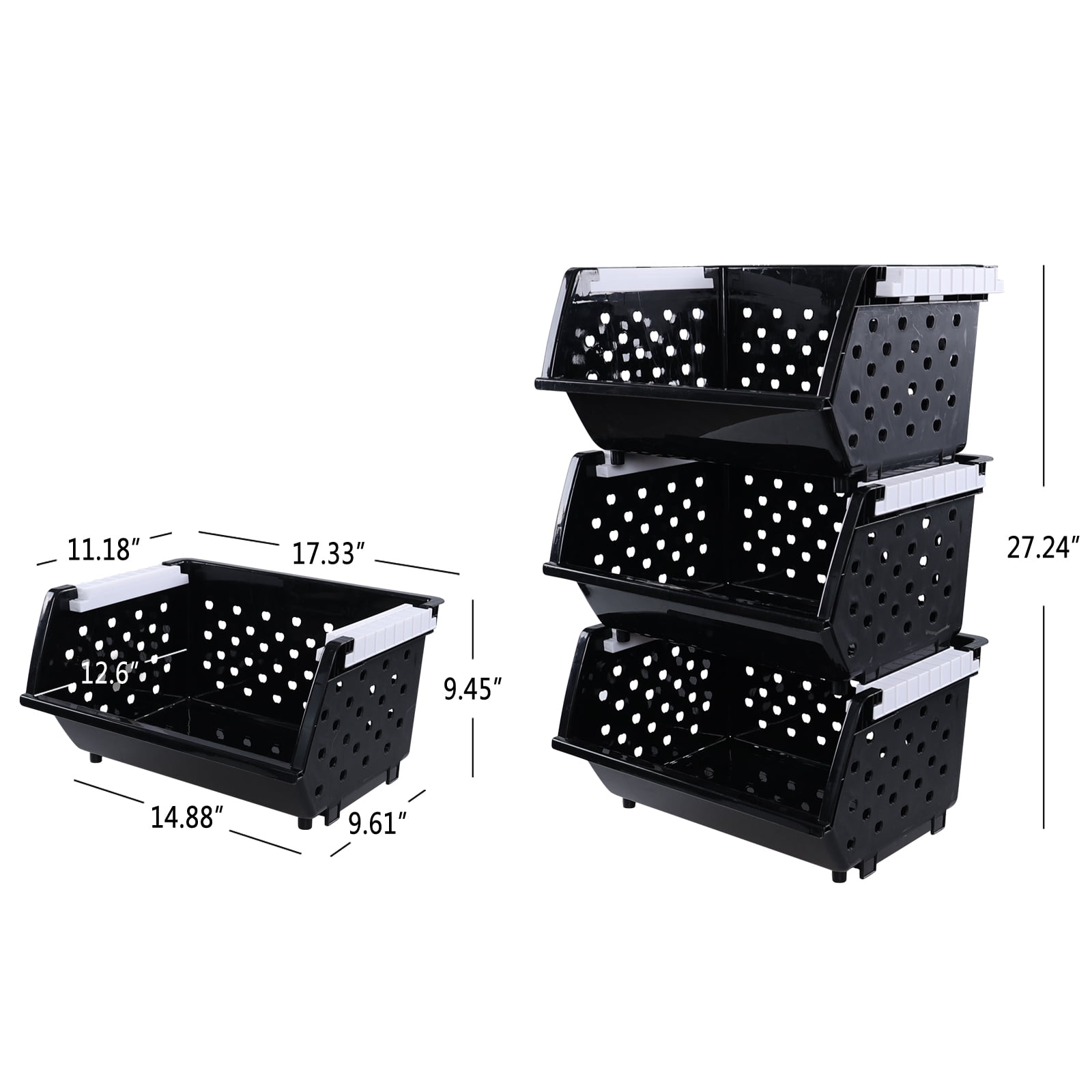Anbers 3 Packs Plastic Stackable Storage Baskets, Large Stacking Bins, Black
