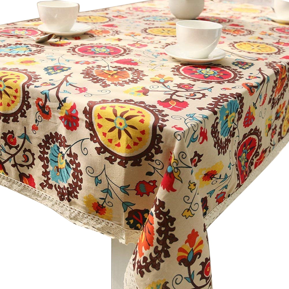 Ethnic Lace Tablecloth Cotton Linen Table Cloth Sunflower Cover Stain-resistant 