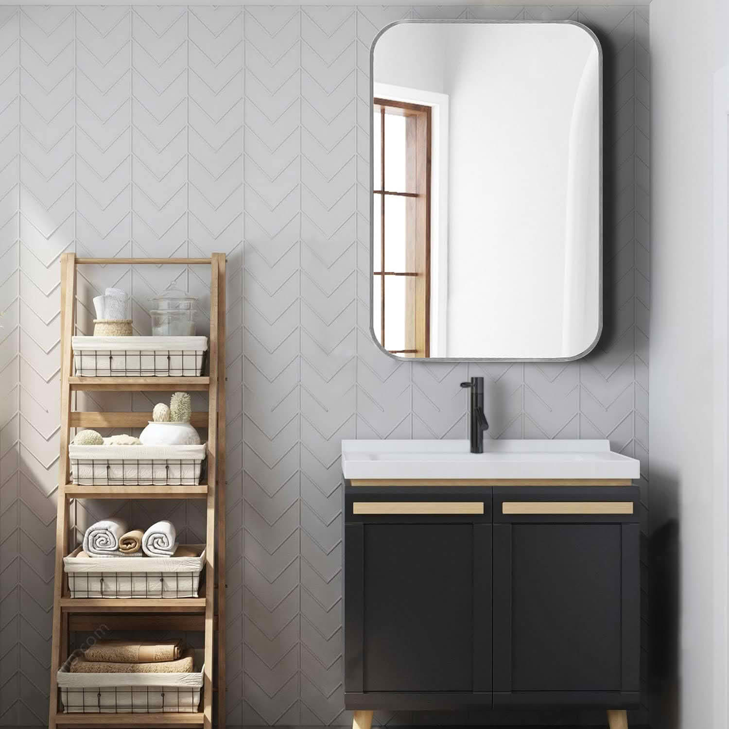 MAYEERTY 24x36 Inch Silver Metal Framed Rectangular Bathroom Wall Mirror, for Bathroom and Entryway