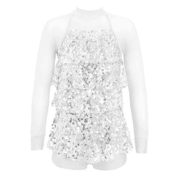 MSemis Kids Girls Sparkling Sequins Hip-Hop Jazz Ballet Latin Dance Dress Leotard,Size 4-16 Silver 8