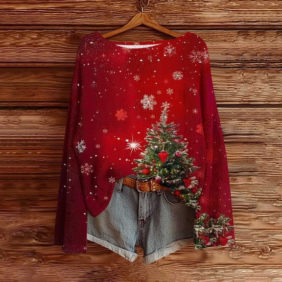 Womens Tops Christmas Printed Casual Crew Neck Long Sleeve Pullover Sweater Knitted Pullover Top,Blouse for Women Wine S