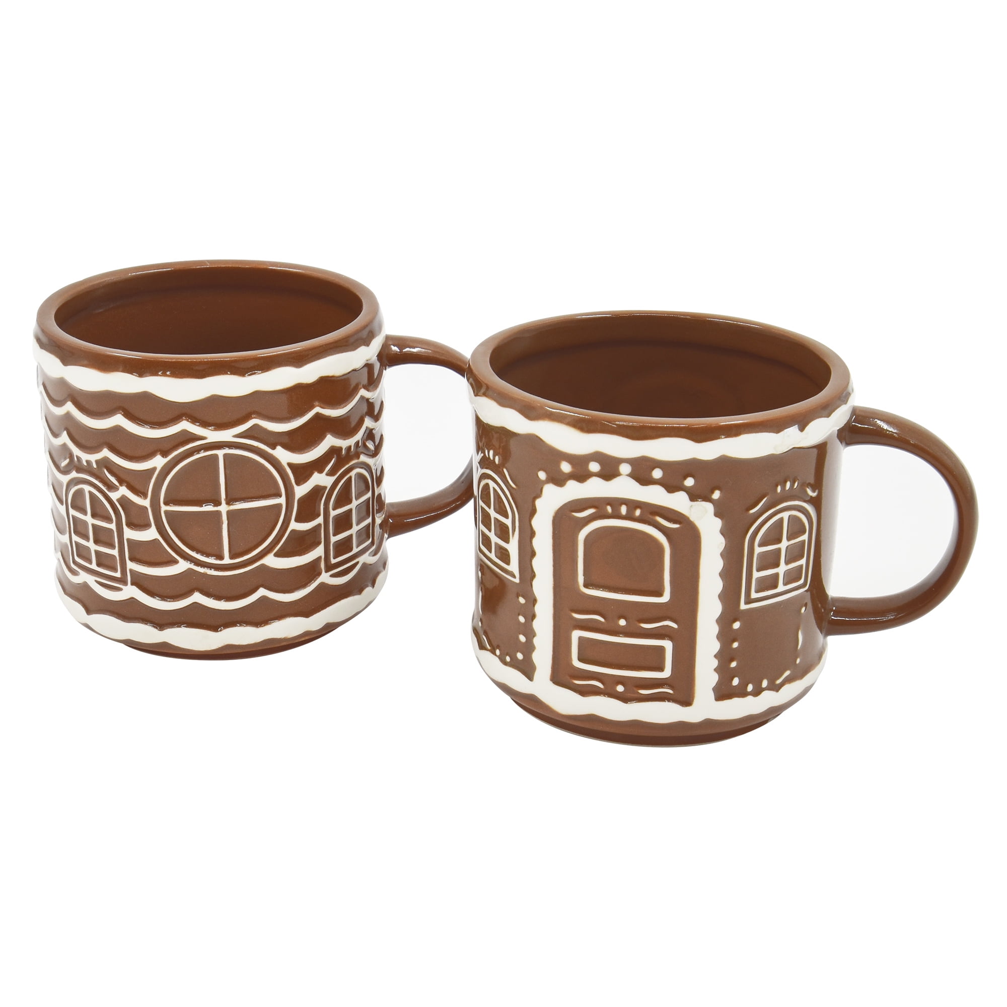 Holiday Time 2 pack Stoneware Gingerbread House Stackable Mug, Brown, Festive Drinkware