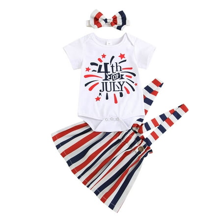 

Bagilaanoe 4th of July Clothes for Baby Girls Letter Print Short Sleeve Romper Tops + Striped Suspender Skirt+ Headband 3M 6M 12M 18M Infant 2pcs Independence Day Overalls Dress Set