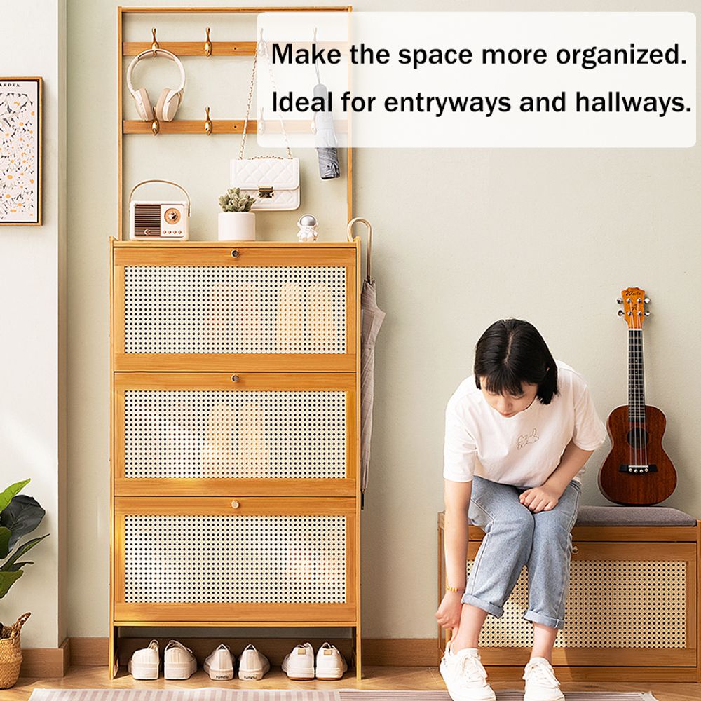 WGYPRIME Shoe Cabinet with 3 Rattan Flip Drawers, Farmhouse Style Bamboo Shoe Storage Cabinet with Coat Hooks, Freestanding Shoe Rack Organizer for Entryway, Hallway, Closet, Living Room