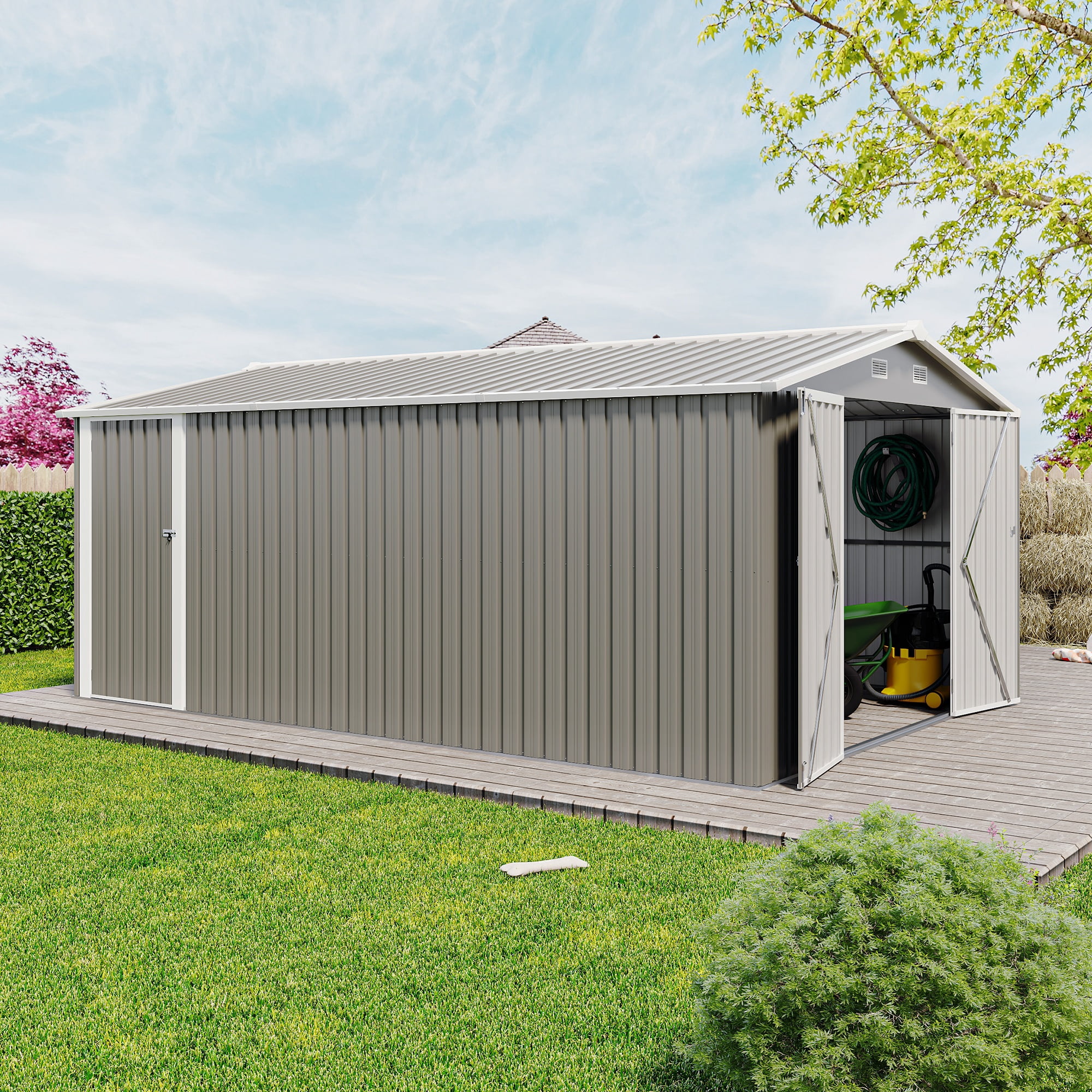 10 x 14 FT Outdoor Storage Shed, Large Metal Storage Sheds with 3 Lockable Door and 4 Air Vent, Surface Protective Film, Garden Tool Shed for Bicycles, Tools, Lawnmowers, Backyards, Patios, Lawns