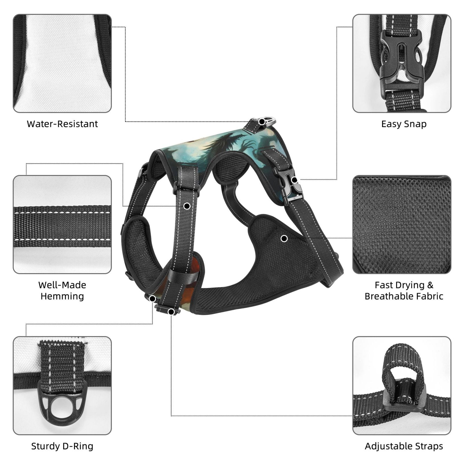 Kdxio Red And Blue Flame Wave Dragon Print No Pull Dog Harness Adjustable Reflective Oxford Easy Control Medium Large Dog Harness for Training and Everyday-