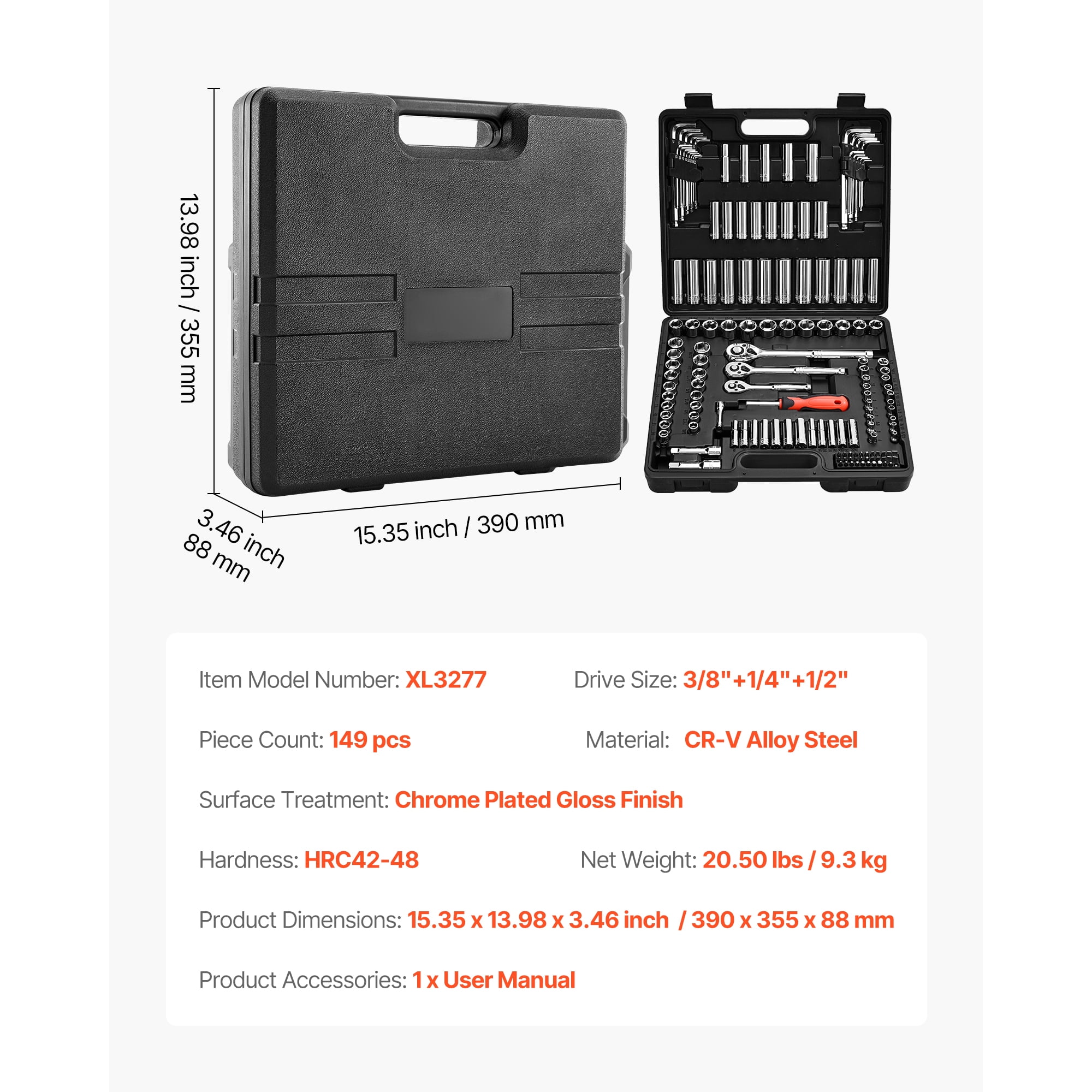 KFFKFF 149-Piece Socket Set, 3/8, 1/4, and 1/2 Inch Drive Ratchet and Socket Kit, SAE and Metric Sizes, Includes Deep and Shallow Sockets, Bits, Accessories, Durable Storage Case, CR-V Steel