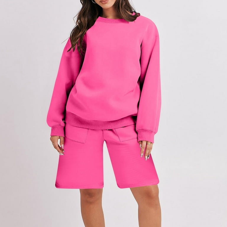 Posijego Womens 2 Piece Sweatshirt Set Solid Color Crew Neck Pullover Top  With Drawstring Shorts Sweatshirt Jogging Set 