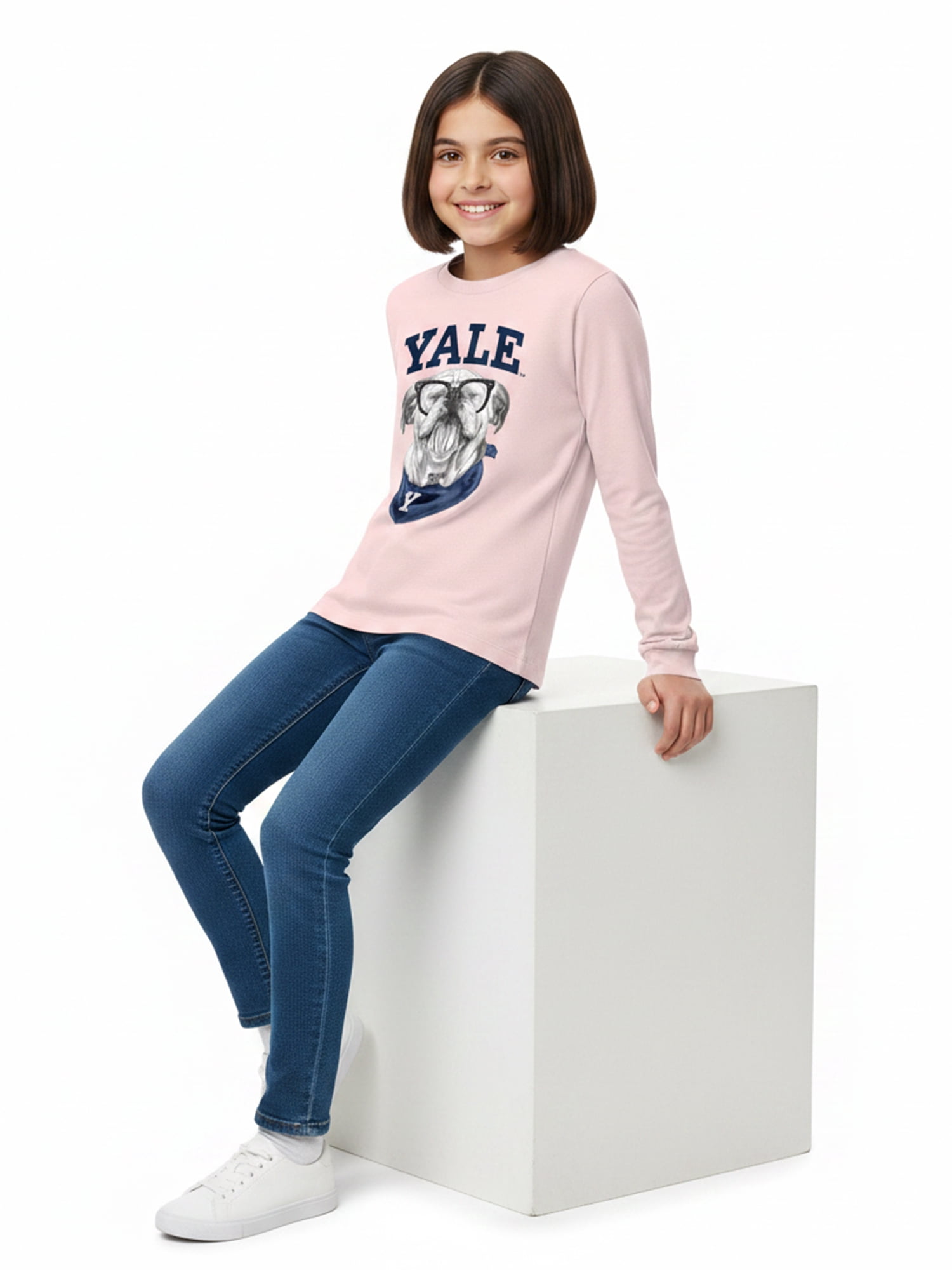 Wonder Nation Girls Graphic Yale Bulldog Tee with Long Sleeves, Sizes 4–18