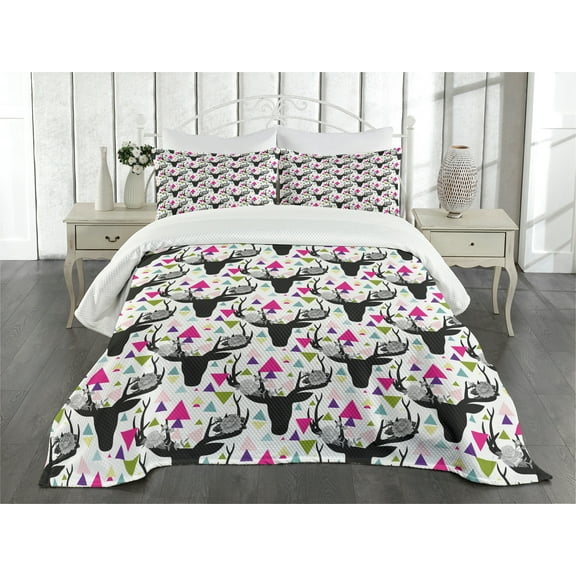 Ambesonne Deer Quilted Bedspread Set 3 Pcs, Animal Head with Antlers, King Size, Multicolor