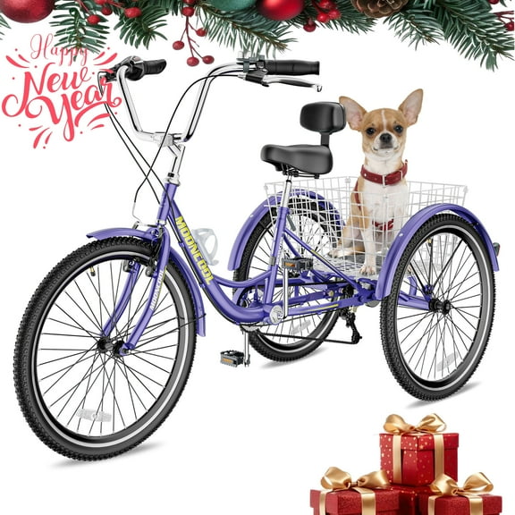 NAIZEA 26" Adult Tricycle Bike, 7 Speed 3-Wheel Bicycle, with Backrest & Shopping Basket for Men, Women, Seniors