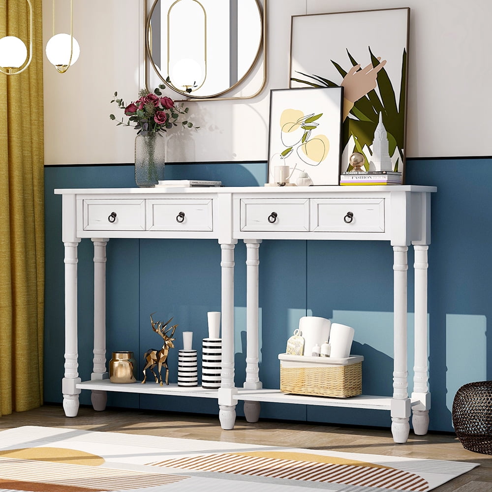 Kepooman Console Table with Drawers and Shelf Rectangular, Solid Wood Sofa Table for Living Room Kepooman Console Table with Drawers and Shelf Rectangular, Solid Wood Sofa Table for Living Room