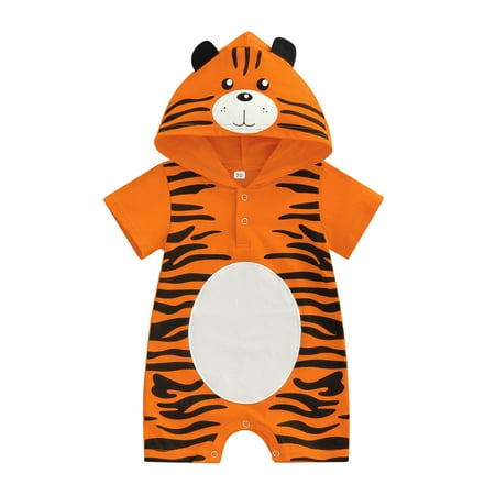 

Calsunbaby Summer Infant Boy Girl Short Sleeve Romper Little Tiger Printed Hooded Jumpsuit Loose Bottom Snap One-Piece Bodysuit