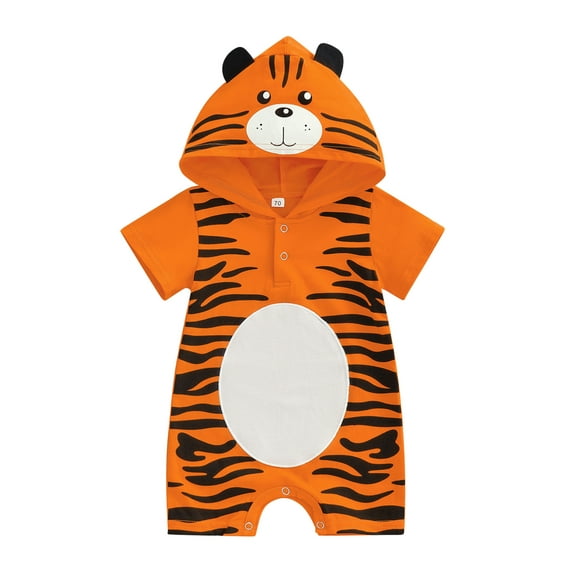Franhais Baby Summer Short Sleeve Romper, Little Tiger Printed Hooded Jumpsuit, Loose Bottom Snap One-Piece Bodysuit