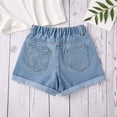 thumbnail image 5 of Girls Bow Embroidered Denim Shorts, High Waist Rolled Hem Jean Shorts for Summer Daily Wear and Outdoor Activities Sky Blue 12Y, 5 of 6