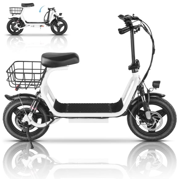 Adult Electric Scooter with Seat, 750W Motor, 14-Inch Pneumatic Tires, Front and Rear Disc Brakes, LCD Display, LED Headlight, Rear Basket and Folding Frame,White