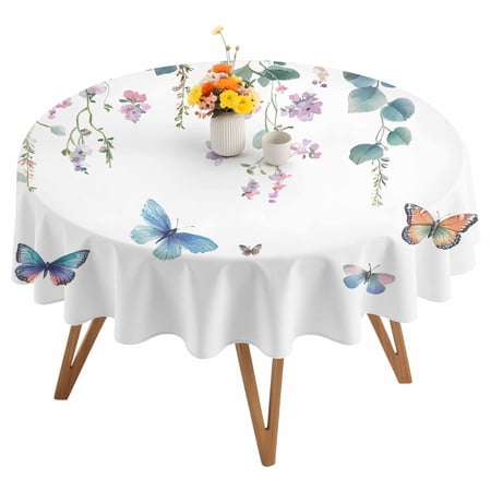 Retro Eucalyptus Round Tablecloth 54 inches Leaf Flower Butterfly Watercolor Plant Waterproof Oil-Proof Table Cloth Round Table Cover for Holiday Party Picnic Dinner Decor Indoor and Outdoor Use