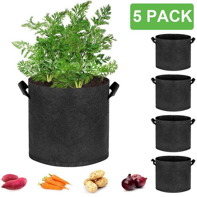Lawnite 5 Pack 1/2/3/5/7/10 Gallon Grow Bags NonWoven Aeration Fabric Pots with Handles and Access Flap, Garden Vegetable Planting Bags for Potato Tomato and Fruits