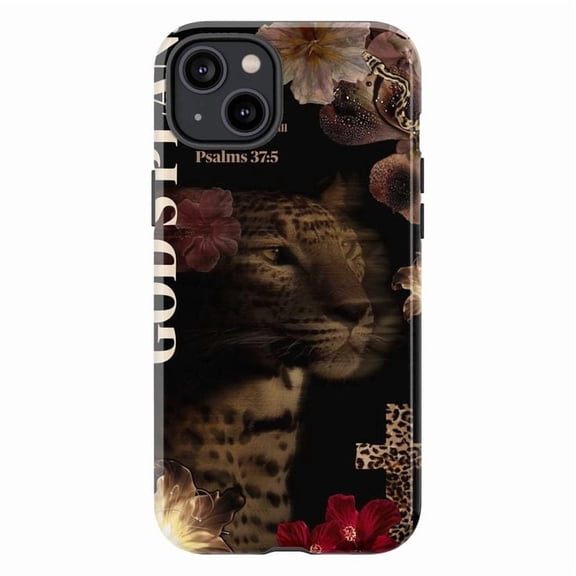 Psalm 37:5 Leopard Floral Phone Case, Christian Bible Verse iPhone Cover, Faith God’s Plan Religious Animal Print Case for iPhone 17 16 15 14 13 12 11 Pro Max Mini