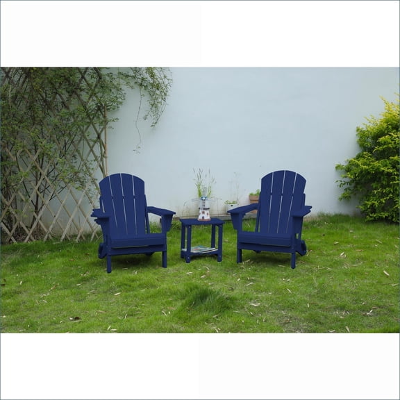 Patio 3-Piece Folding Adirondack Chair Set, 2 Chairs 1 Side Table, Weather Resistant for Porch Yard Deck | Navy Blue | HDPE