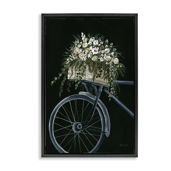 Stupell Industries Vintage Bicycle with Florals Transportation Painting Black Floater Framed Canvas Art Print Wall Art, 17 x 25
