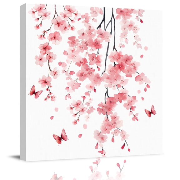 Wall Art Prints, Pink Flowers Butterfly Framed Canvas Prints for Bedroom Living Room Bathroom Office, Watercolor Spring Botanical Branch Gallery Wrap Wall Art Poster for Gifts Home Decor 16"x16"