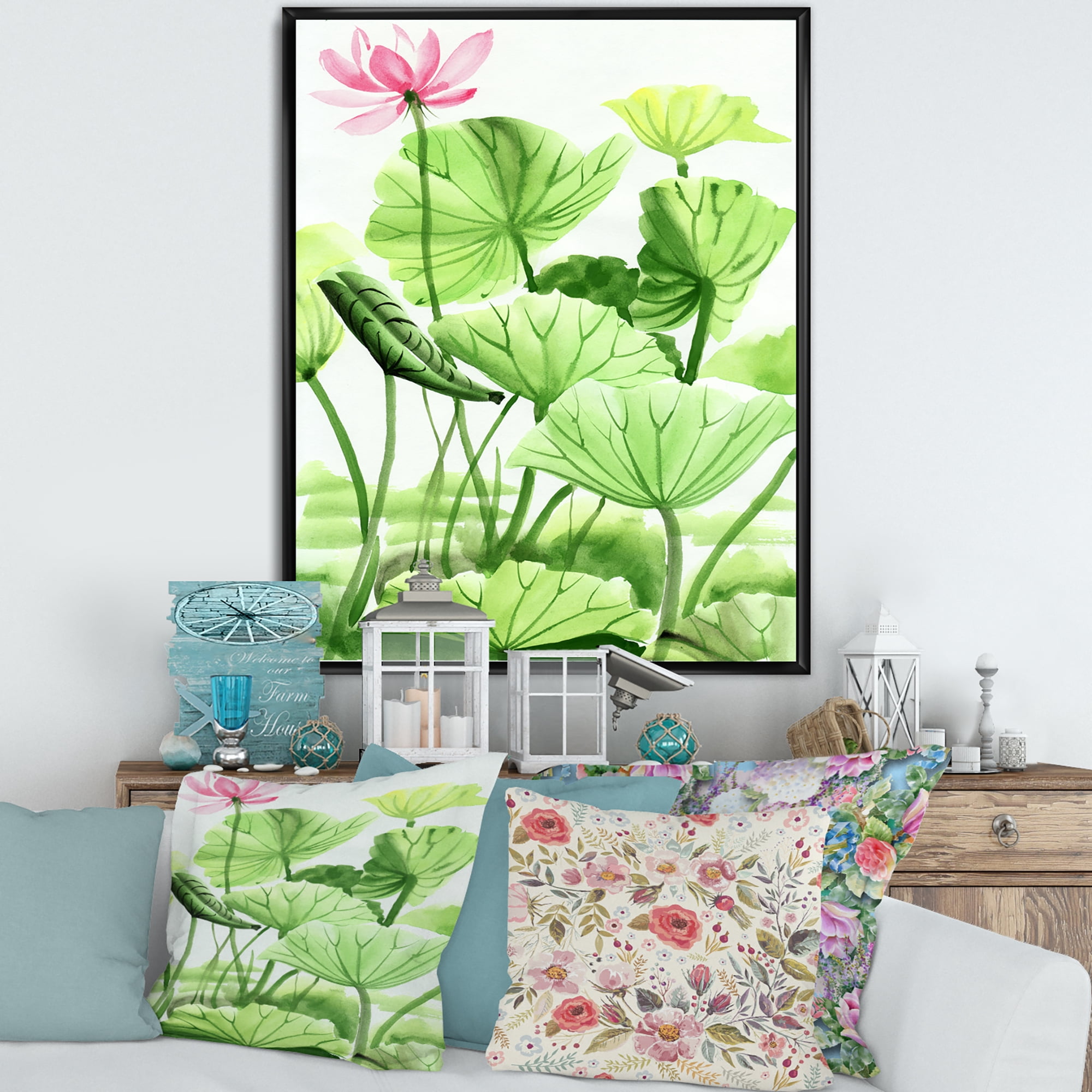 Ancient Lotus Leaves In The Pond 12 in x 20 in Framed Painting Canvas Art Print, by Designart