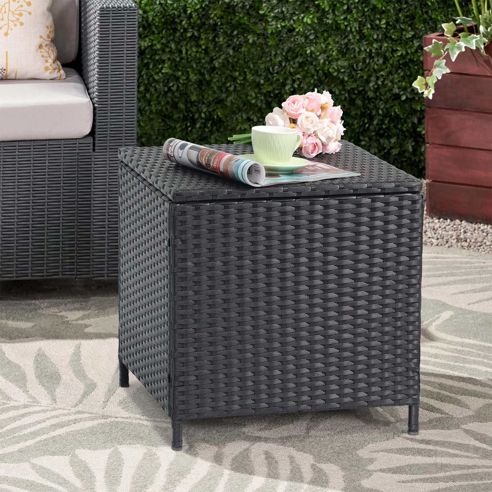 JOIVI Outdoor Wicker Side Table, All-weather Rattan Small Storage Box End Table, Square Resin Coffee Table with Iron Frame,Black