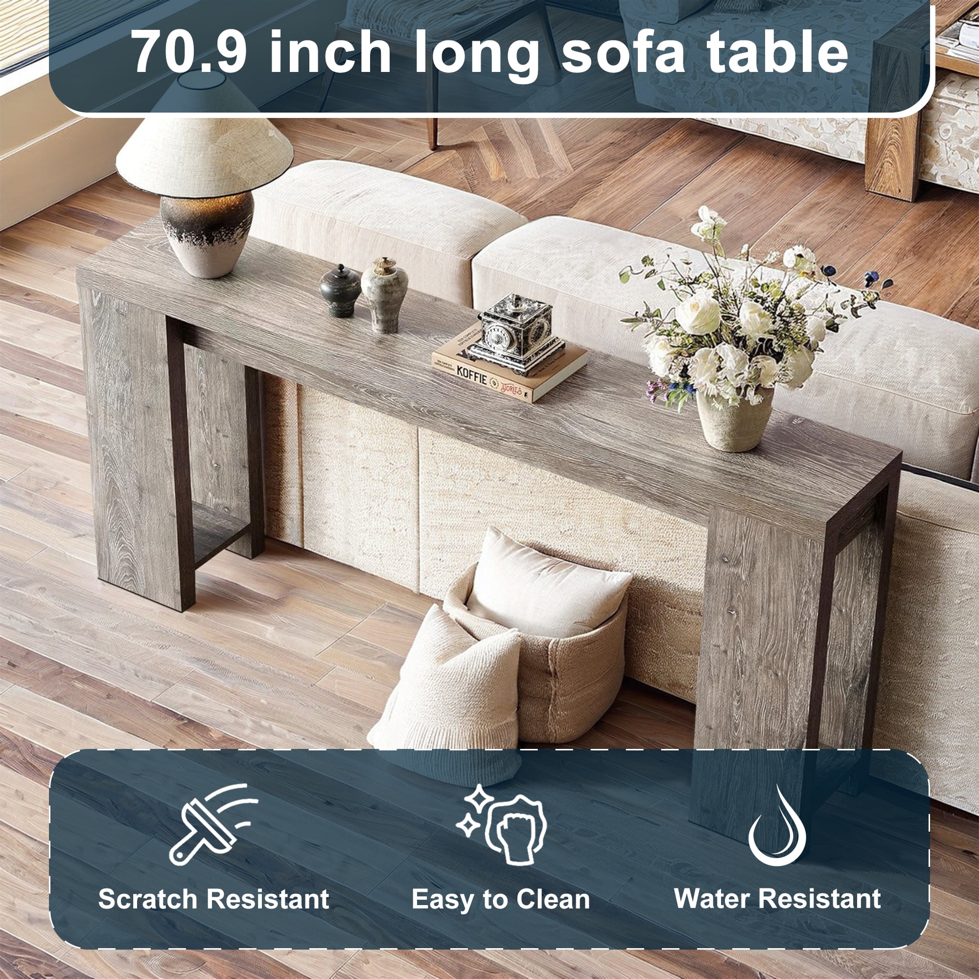 Demi Bonn 70.9" Wood Console Table, Farmhouse Sofa Table Entryway Table with Storage, Foyer Display Table, Gray