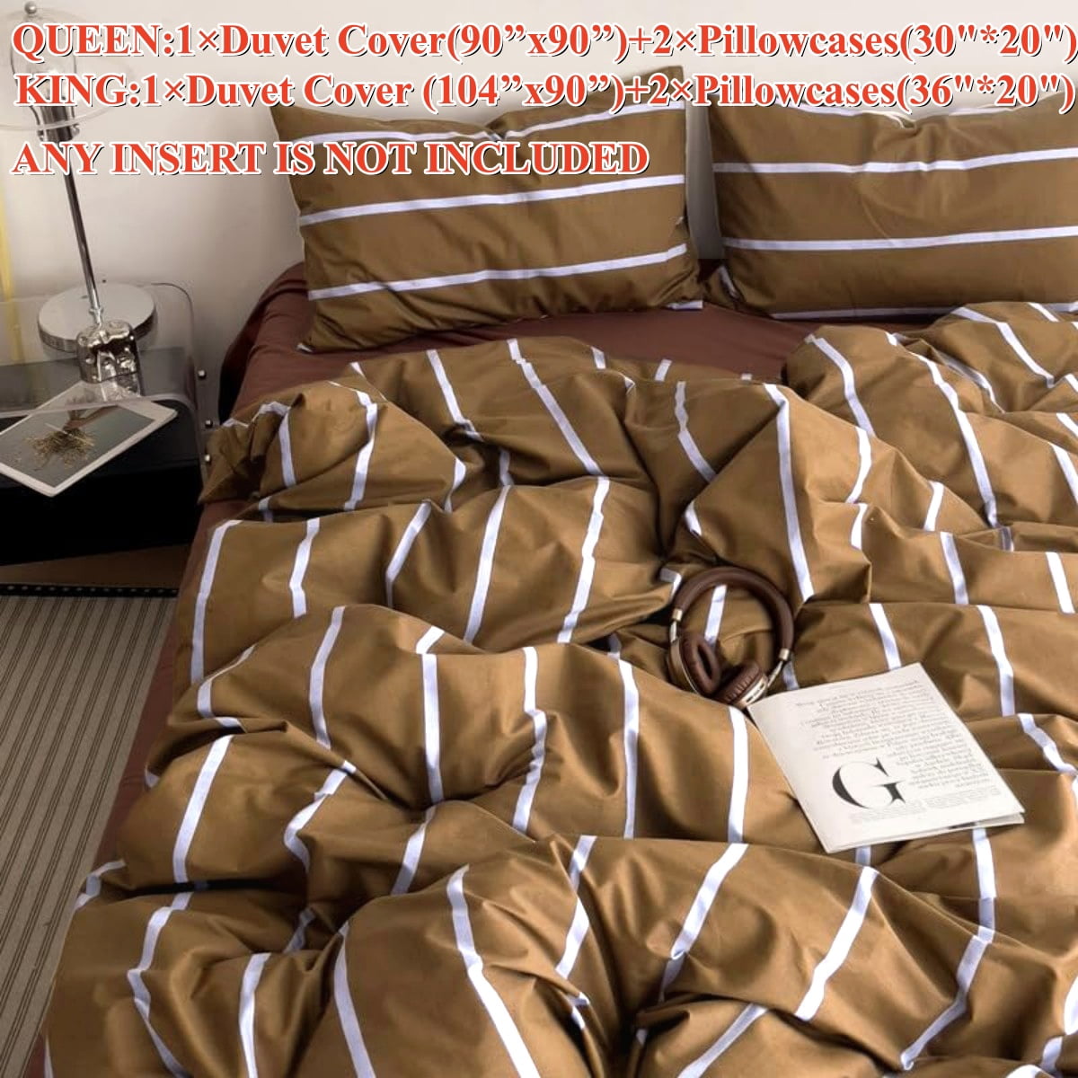 NAYOROOM Brown Blue Striped Duvet Cover Queen Set, 3-Piece Retro Vertical Ticking Stripes Breathable Comforter Cover