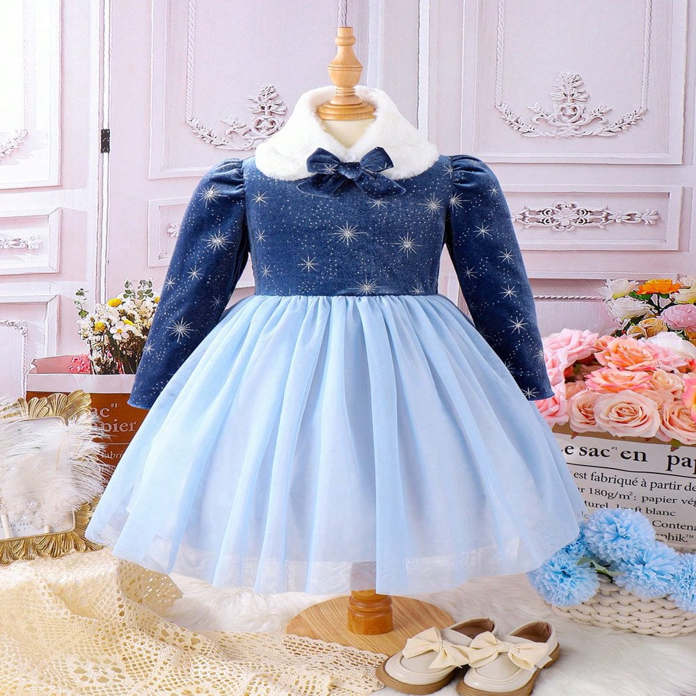 Robe Princesse Fille de Noel Mignonne a Manches Longues avec Foulard