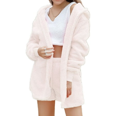 

Voguele Ladies Loungwear Cropped Vest+Shorts+Outwear Nightwear Elastic Waist Sleepwear Winter Warm Pajamas 3 Pieces Outfits Lounge Sets Beige M
