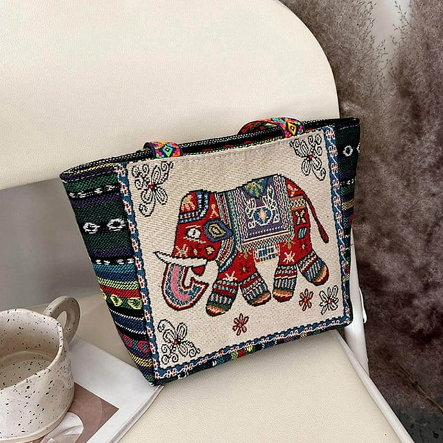 pitrice Vintage Style Femmes Sac Fourre-Tout Sacs à Main Occasionnels Sacs à Provisions Éléphant Rouge